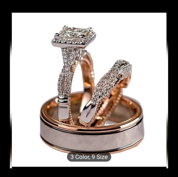 3 pc 14k Rose GP & SP Princess Cut CZ   Bride & Groom Engagement Wedding Set-9 - Picture 2 of 3